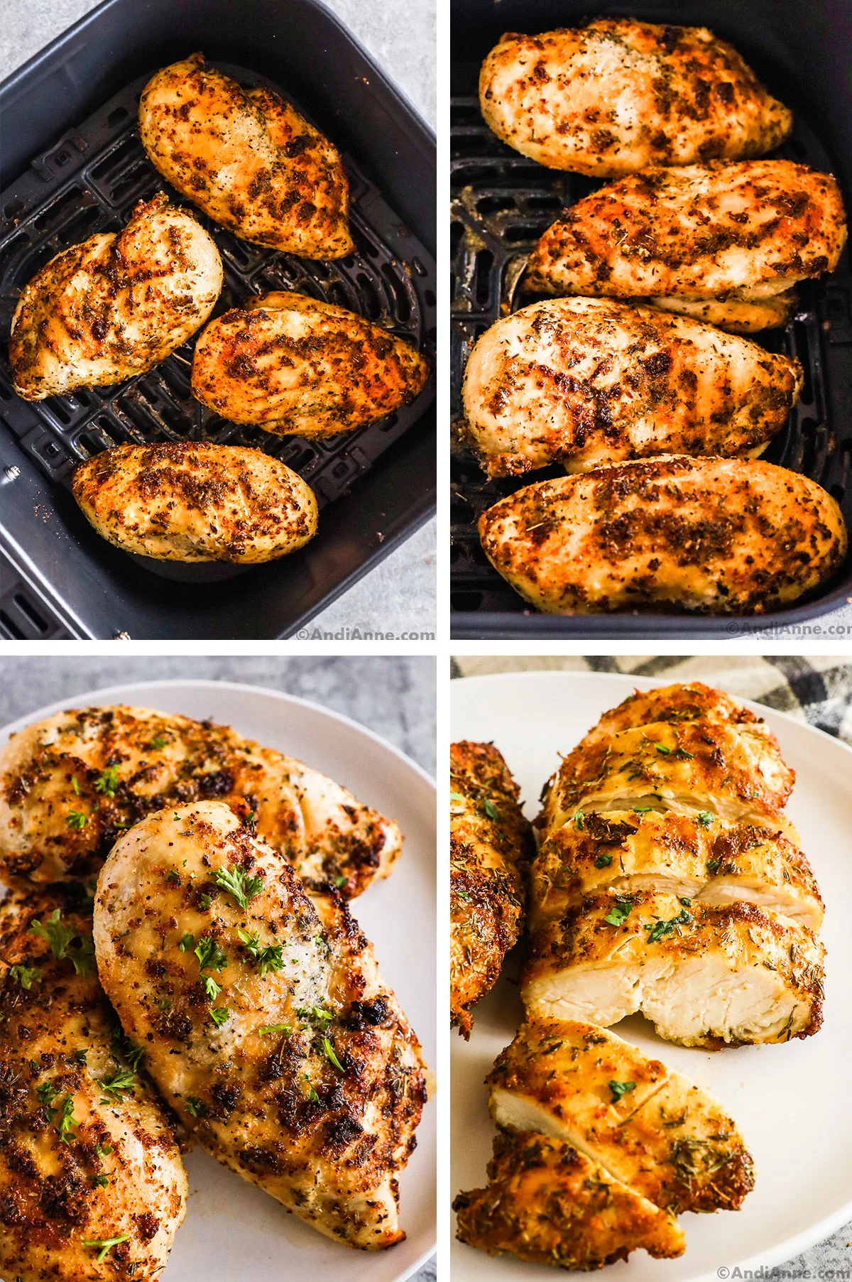 Four images of cooked chicken breast. First two in air fryer basket, Second two on a plate, with one sliced into strips.