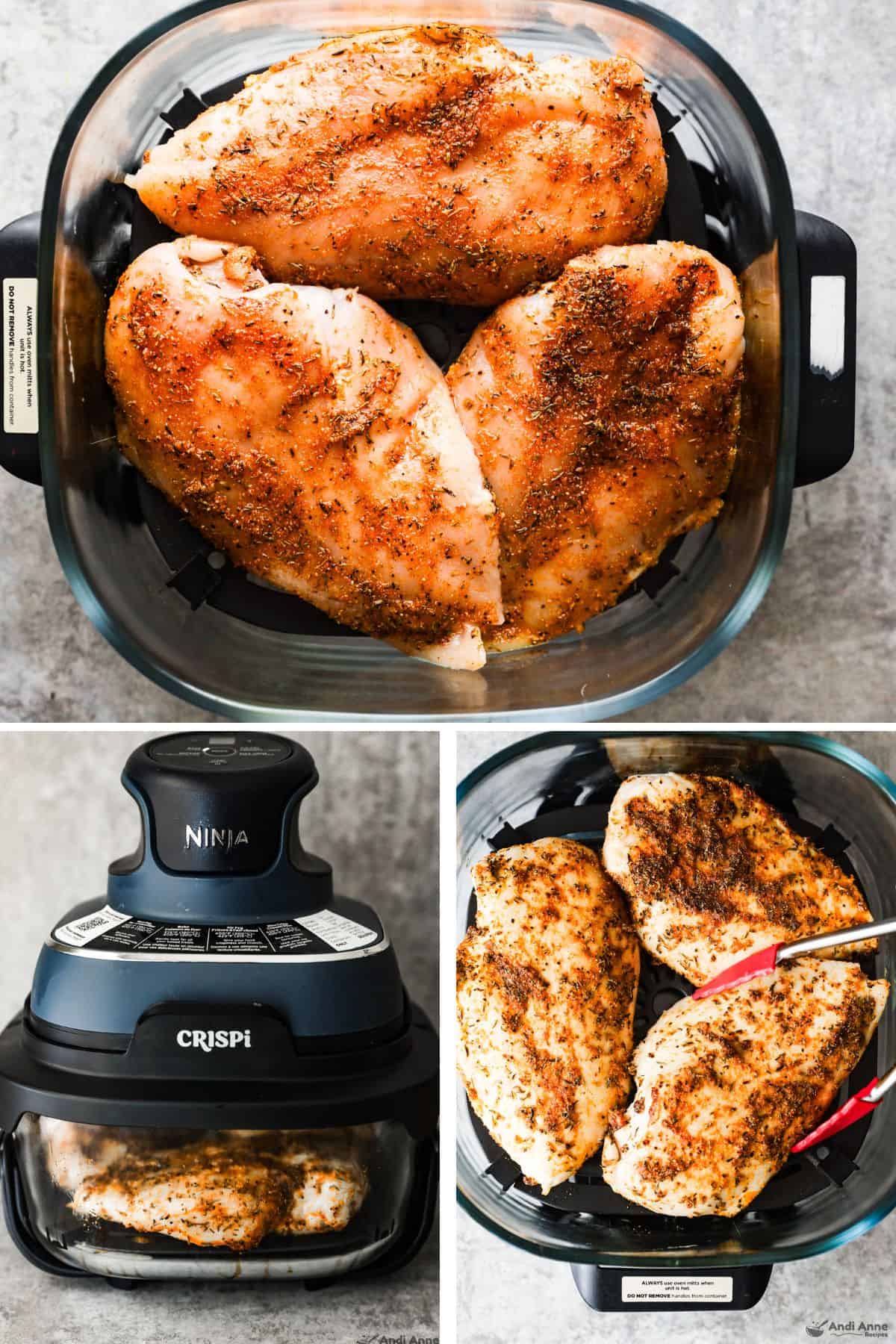 3 images grouped together of air fryer basket with chicken breasts in various stages of cooking.