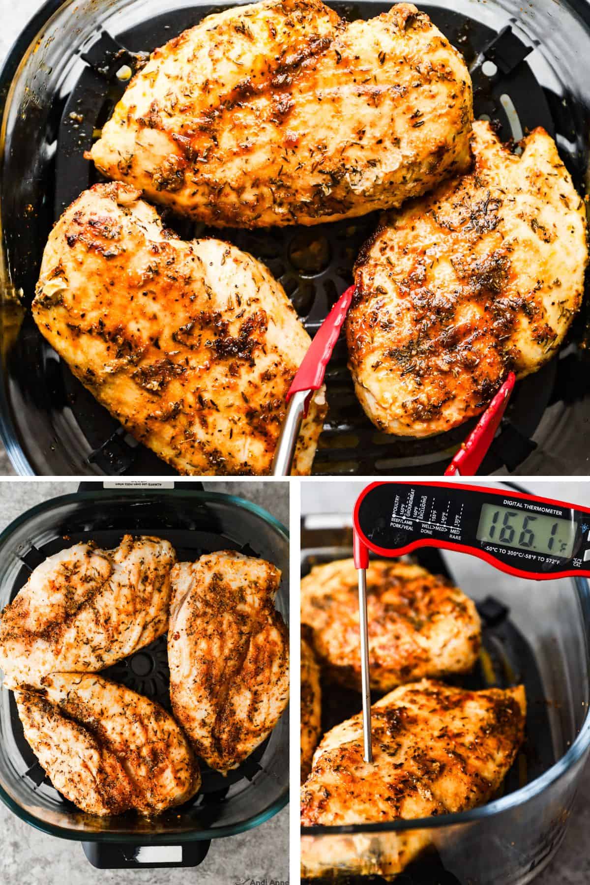 Cooked chicken in an air fryer basket. One poked with digital meat thermometer