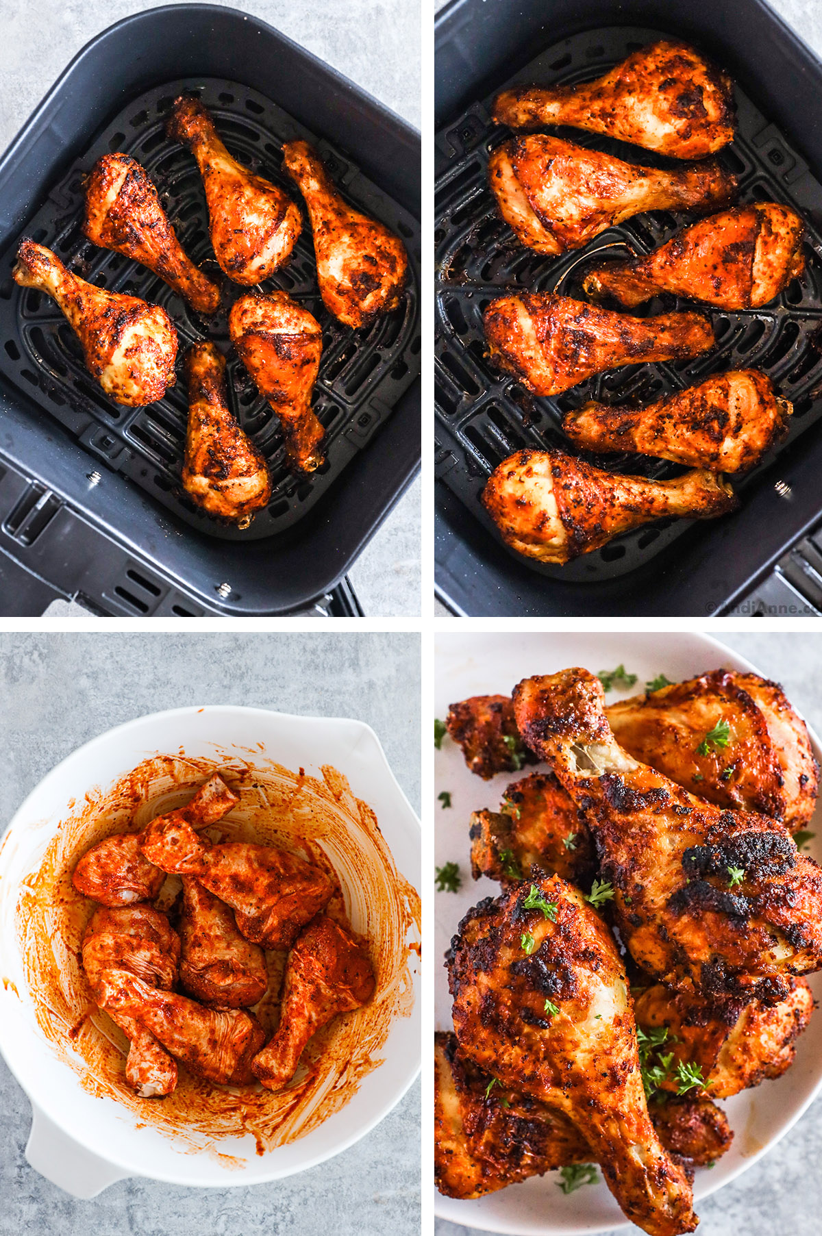Four images of cooked air fryer chicken legs. First two are in an air fryer basket. Thir is raw chicken legs in a bowl tossed with red sauce. Fourth is crispy cooked chicken legs stacked on a plate.
