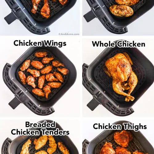 6 different images of an air fryer basket with chicken cuts inside.