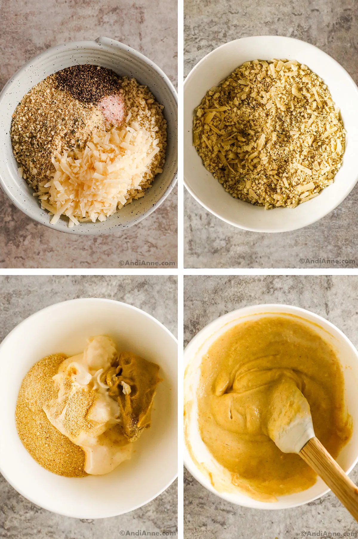 Four images grouped together. First two are parmesan, bread crumbs and spices unmixed and then mixed. Second two are bowl of mayo, mustard and spices unmixed and then mixed.