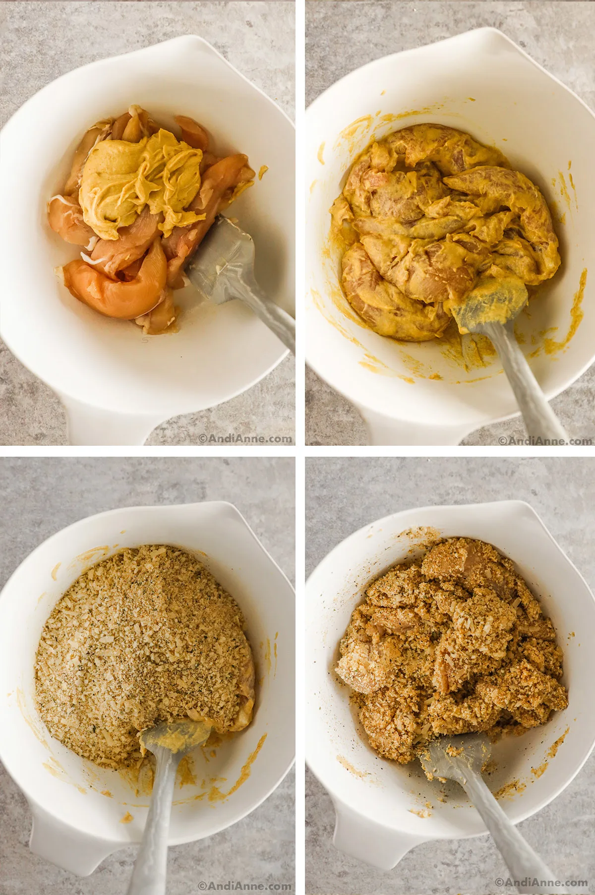 Bowl of raw chicken tenders with sauce dumped on top, first unmixed then mixed together. Second two images are bread crumb mixture dumped in unmixed, then mixed with the tenders.