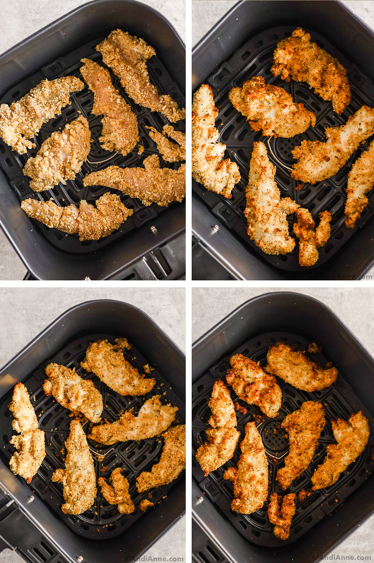 Four images of an air fryer basket. First is raw breaded chicken tenders, second is half cooked, Third is more cooked and fourth is fully cooked.