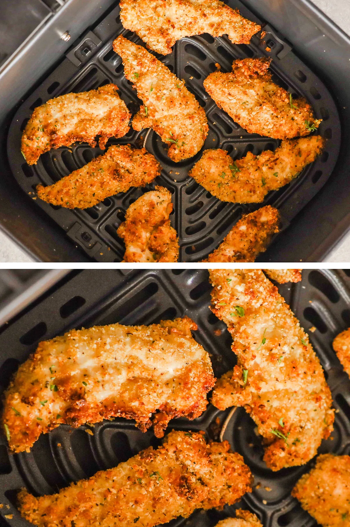 Two images of chicken tenders cooked in an air fryer basket.