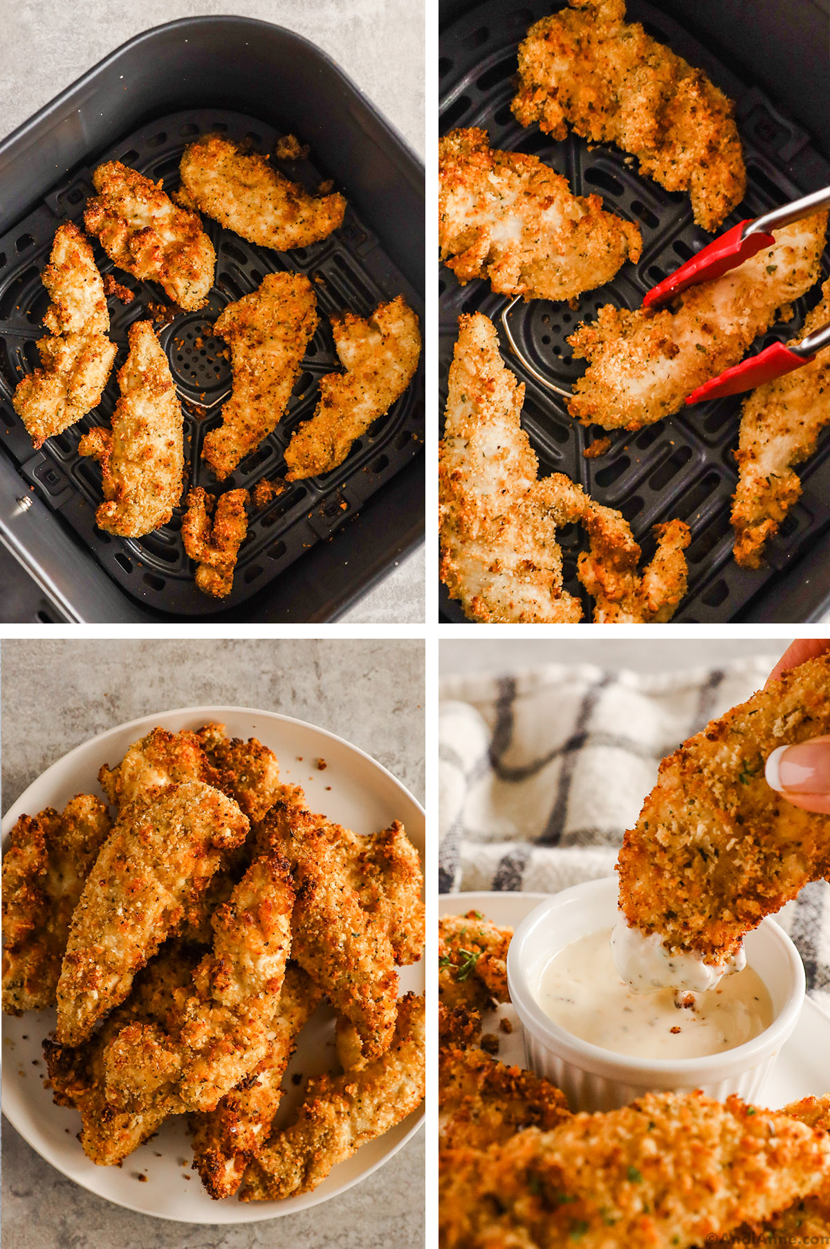Crispy chicken tenders in an air fryer basket. Tongs grabbing one piece from the basket. A plate with crispy chicken fingers, and a and dipping a chicken finger into ranch dip.