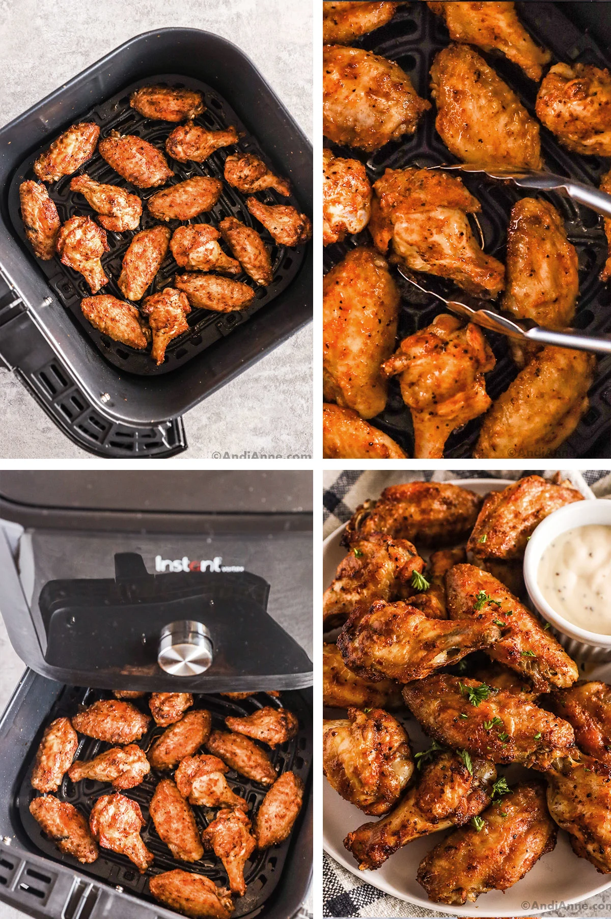 Crispy chicken wings in an air fryer, a pair of tong grabbing a wing, and wings on a plate with ranch dip.