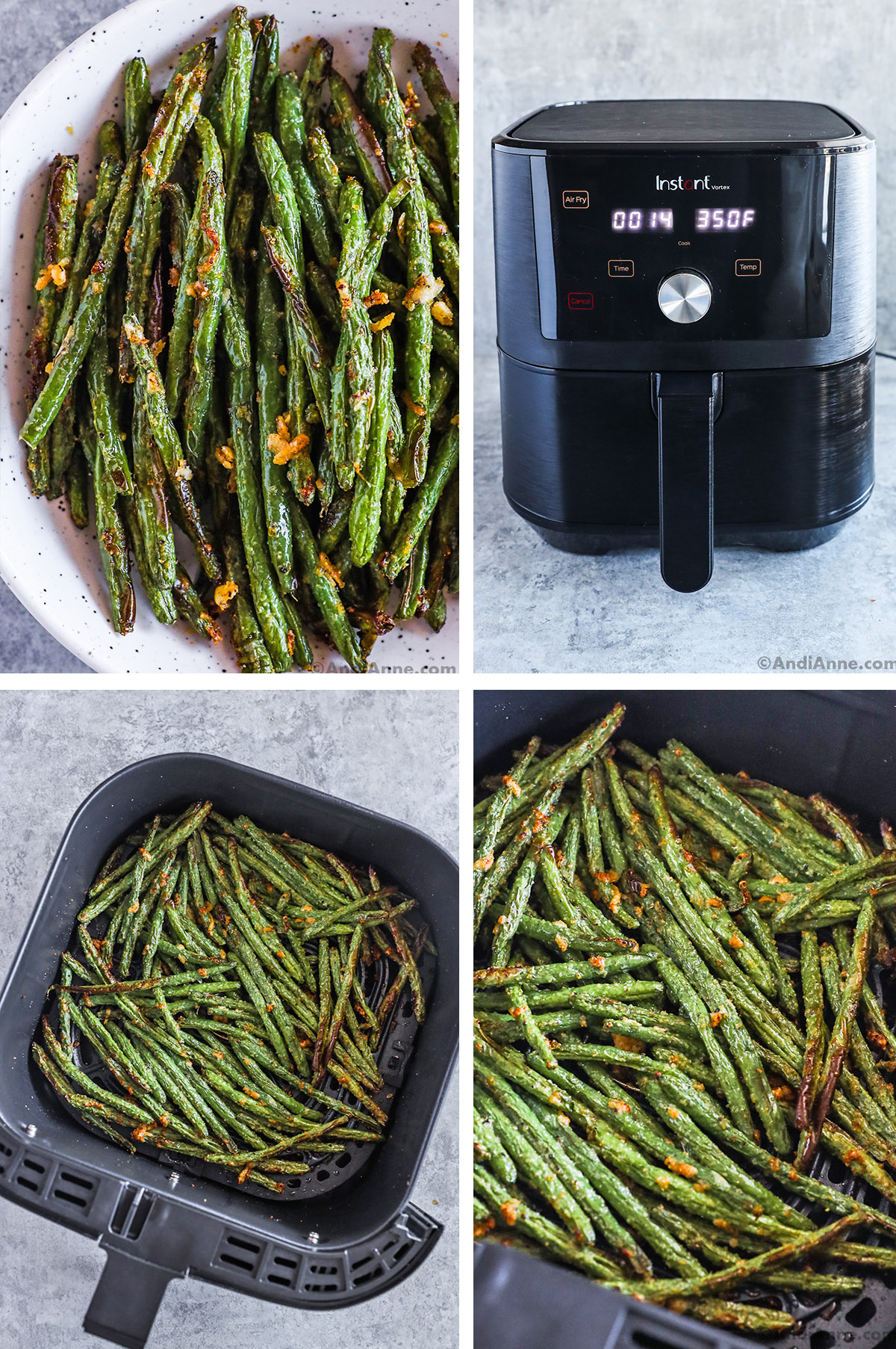 Bowl of cooked green beans, an air fryer, and an air fryer basket with cooked green beans and crispy parmesan pieces.
