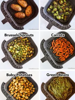 Six air fryer baskets with baked potato, brussels sprouts, green beans, carrots and potatoes inside.