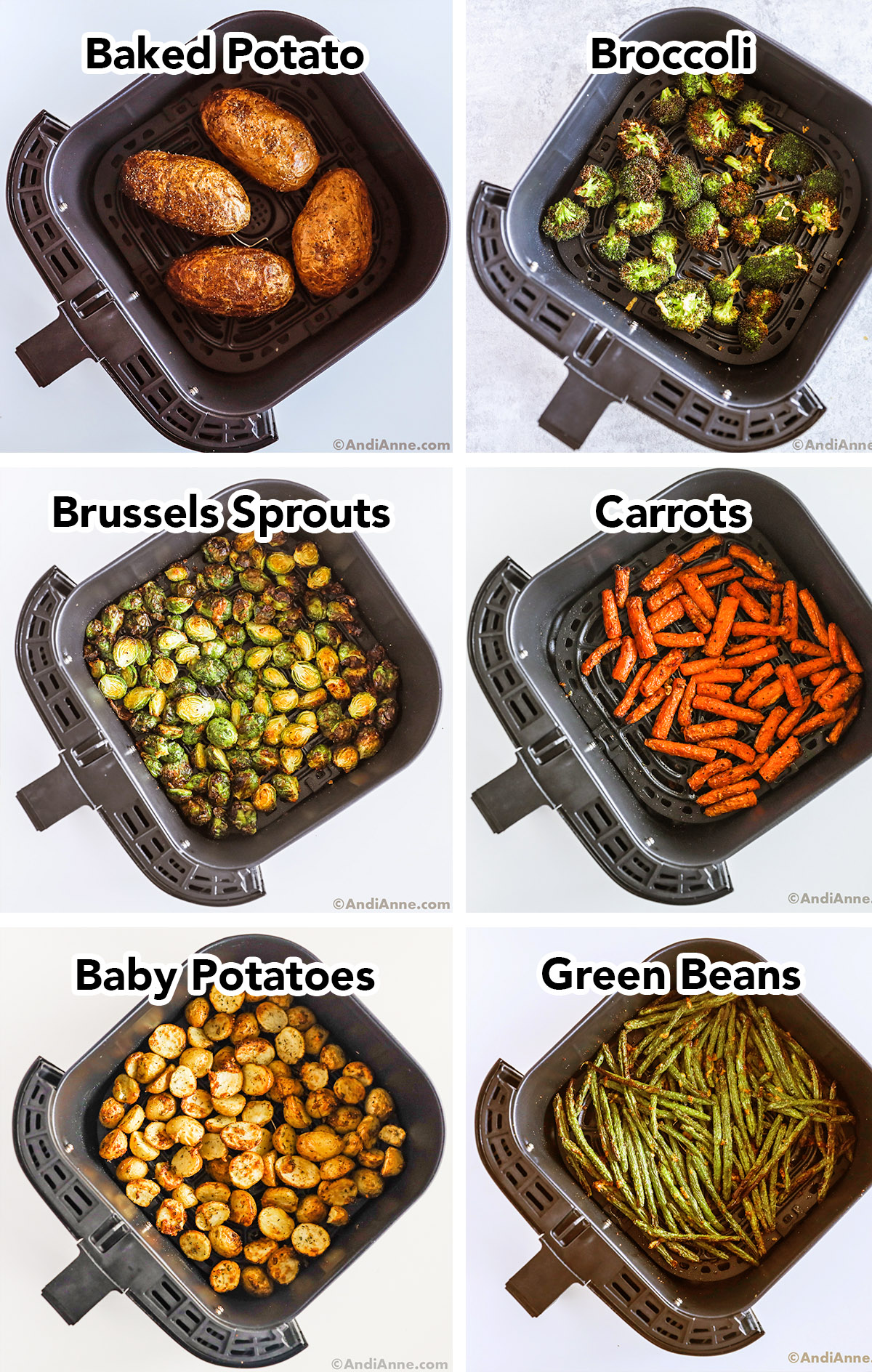 6 air fryer basket pictures with different vegetables inside including baked potato, broccoli, brussels sprouts, carrots, baby potatoes and green beans.