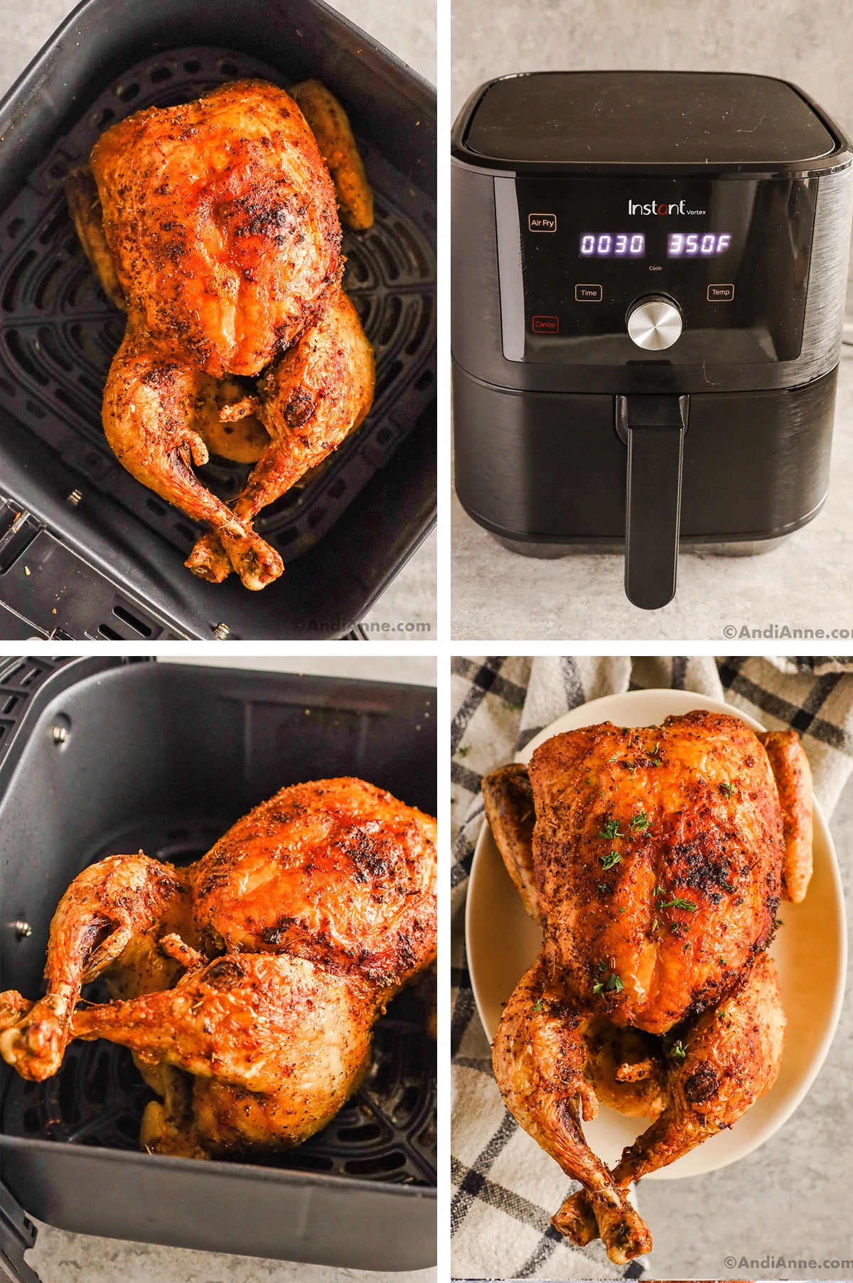Air fryer whole chicken in an air fryer basket, and on a plate.