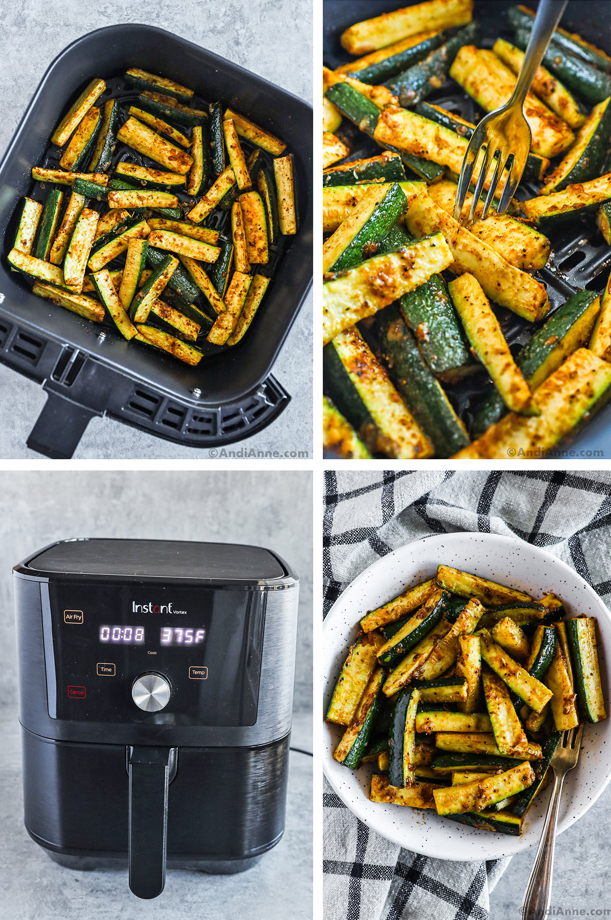 Air fryer basket with cooked zucchini, close up of a fork in peices of zucchini, an air fryer and a bowl of zucchcini.