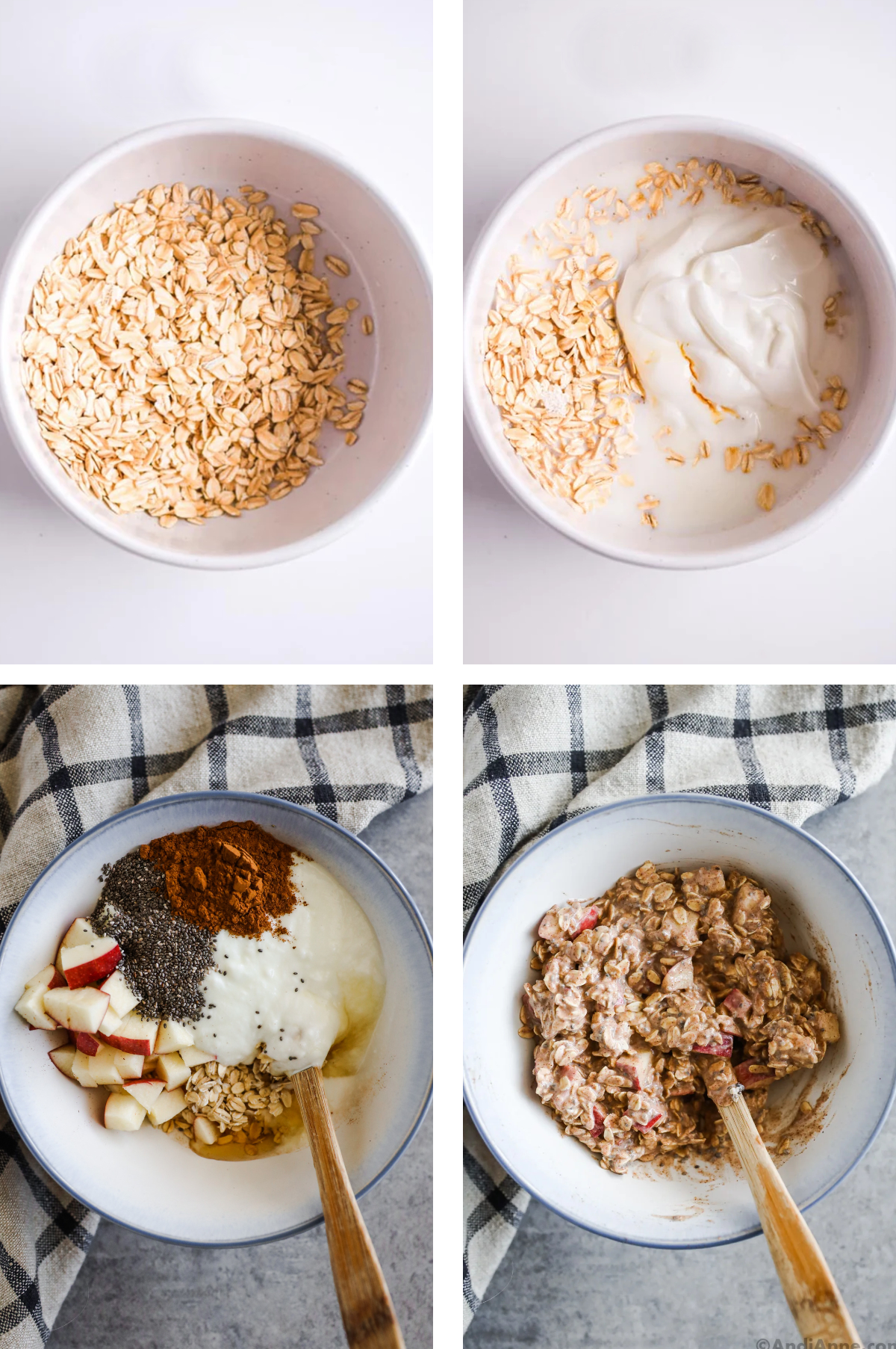 4 images: 1 oats in a bowl 2. oats with milk and yogurt in a bowl. 3. all ingredients in a bowl. 4. All ingredients in bowl are mixed.