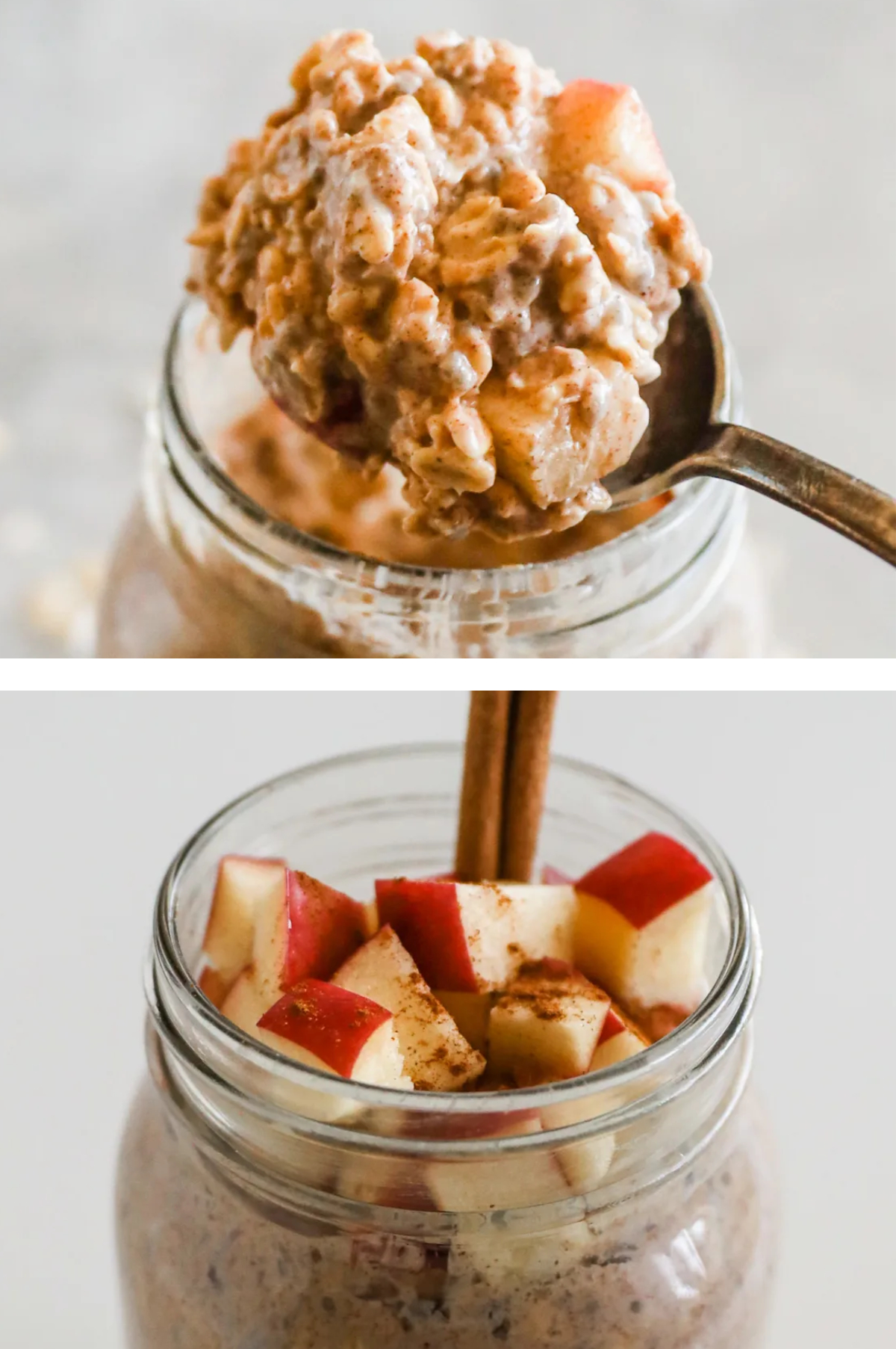 Two images: 1.Closeup of spoon holding mixed oats. 2. Closeup of chopped apple and cinnamon added to mixed oats. 