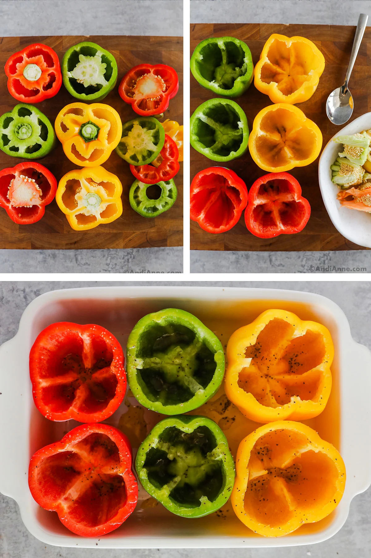 Three images of sliced bell peppers with the innner seeds scooped out.