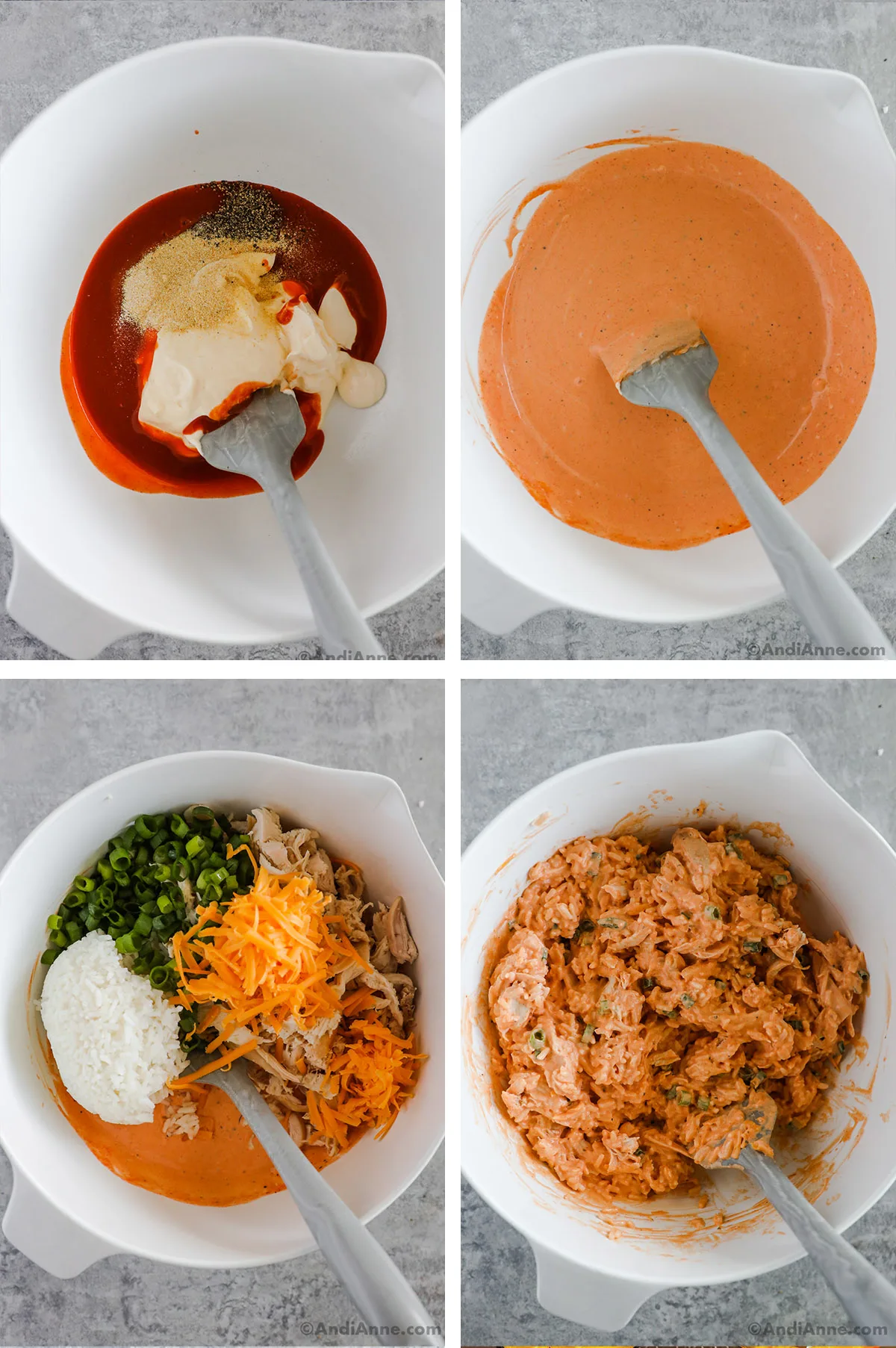 Four images of a bowl, first two are buffalo sauce and mayo unmixed then mixed. Second two are shredded cheese and other ingredients mixed into the buffalo sauce.