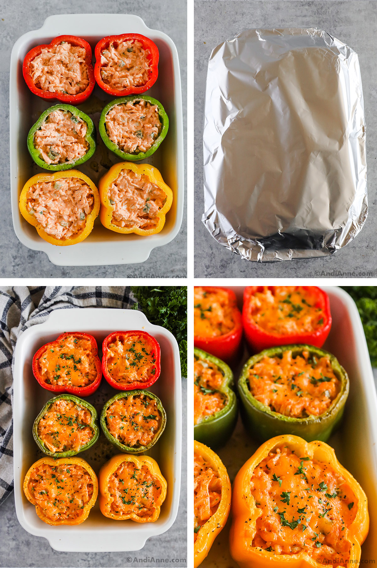 Four images of a casserole dish with stuffed bell peppers inside. One image is casserole dish covered with foil.