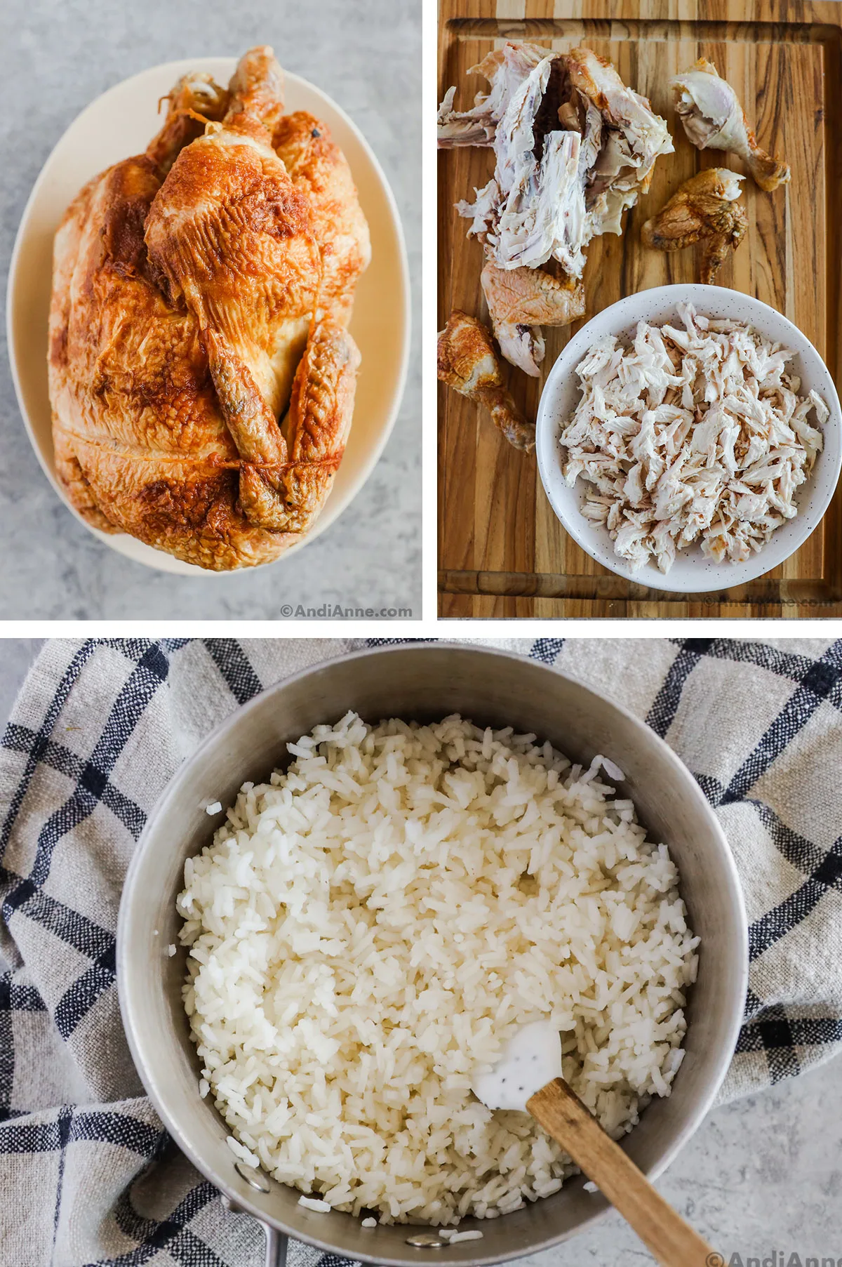 A rotisserie chicken whole, then shredded, and a pot of rice.