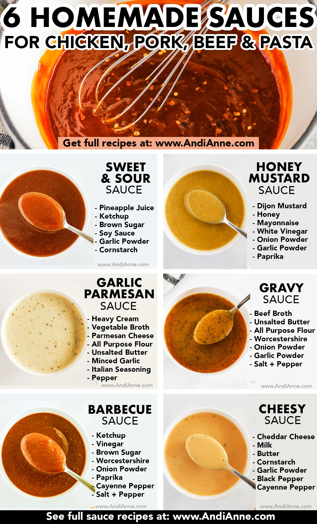 6 homemade sauce for chicken, beef pork and pasta. Sauces include bowls of sweet and sour sauce, honey mustard sauce, garlic parmesan, gravy, barbecue and cheese sauce. Each one lists the ingredients beside the bowl. 