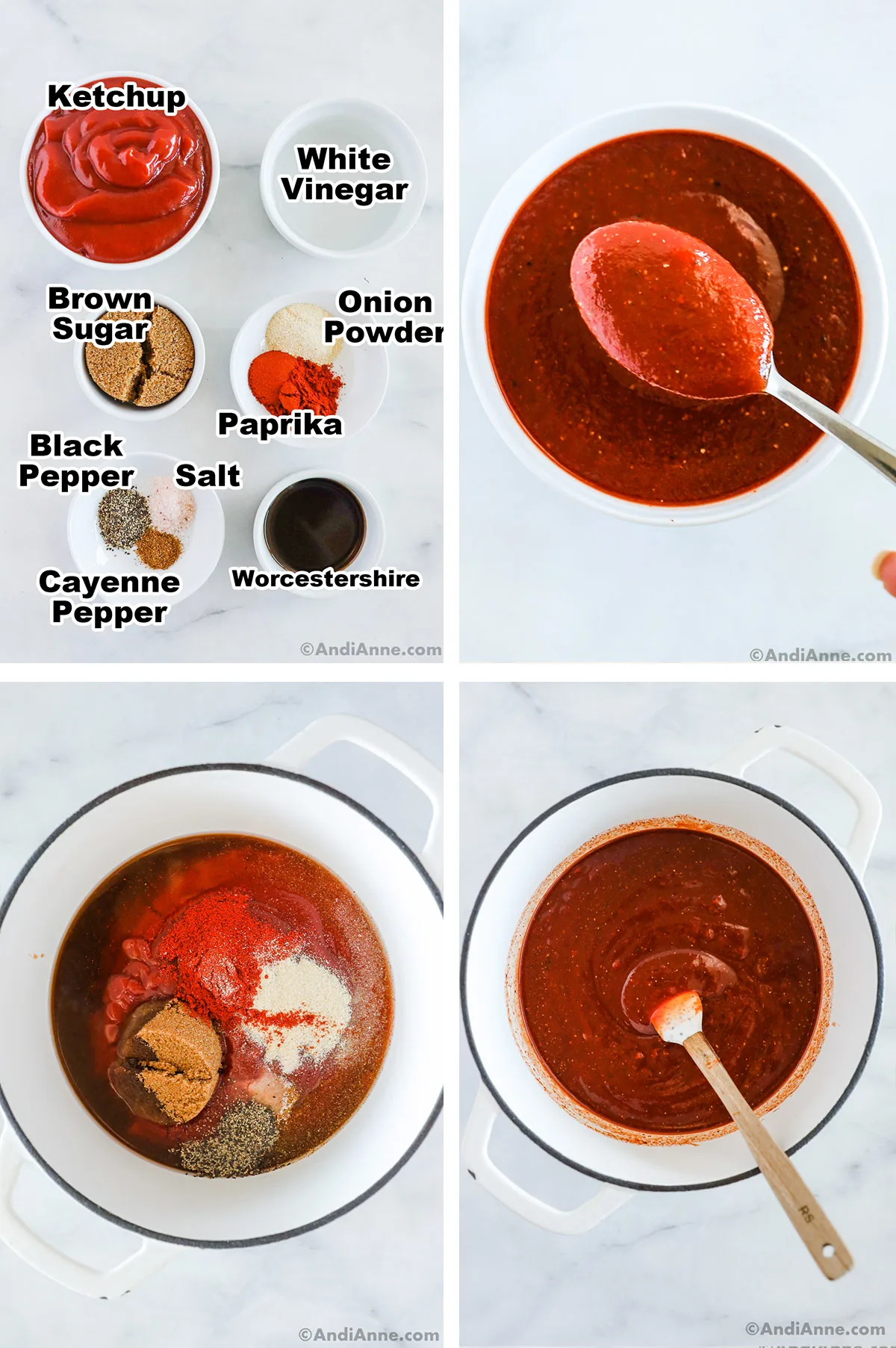 Four images showing steps to make barbecue sauce. First is ingredients on counter, Second is bowls with sauce ingredients dumped in then mixed.