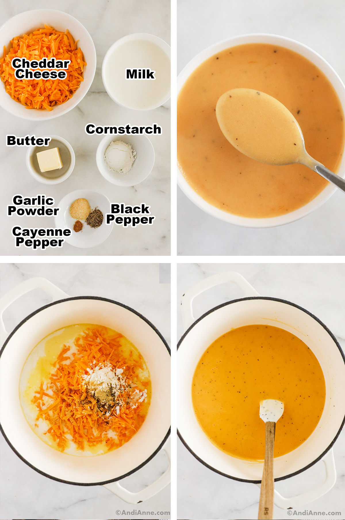 Four images showing steps to make cheese sauce. First is ingredients on counter, Second is bowls with sauce ingredients dumped in then mixed.