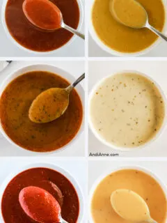 Six homemade sauce ingredients all in small white bowls, some with s spoon scooping some sauce. Includes sweet and sour, honey mustard, garlic parmesan, gravy sauce, barbecue sauce and cheese sauce.