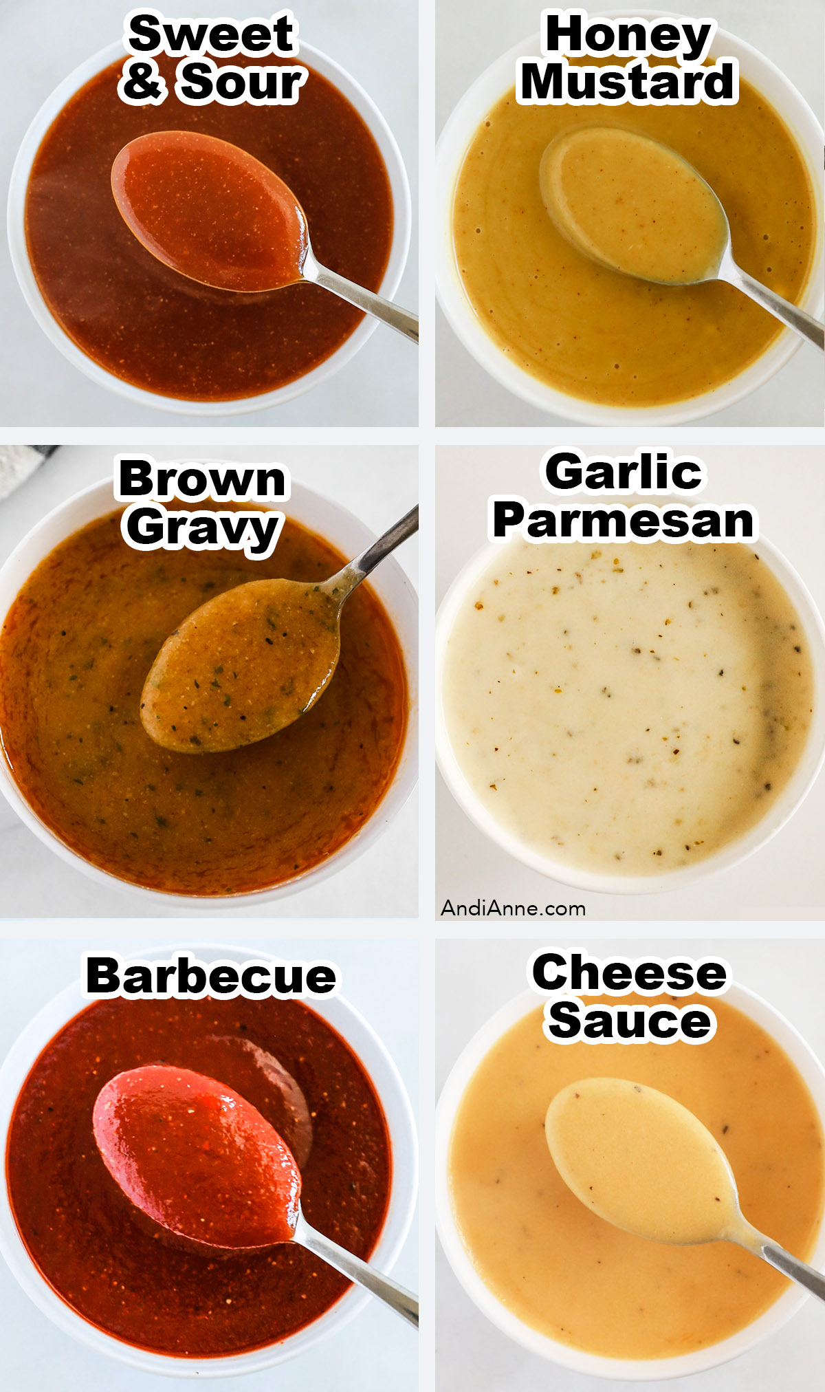 Six images of homemade sauces in bowls with spoon. Sauces include sweet and sour, honey mustard, brown gravy, garlic parmesan, barbecue and cheese sauce.