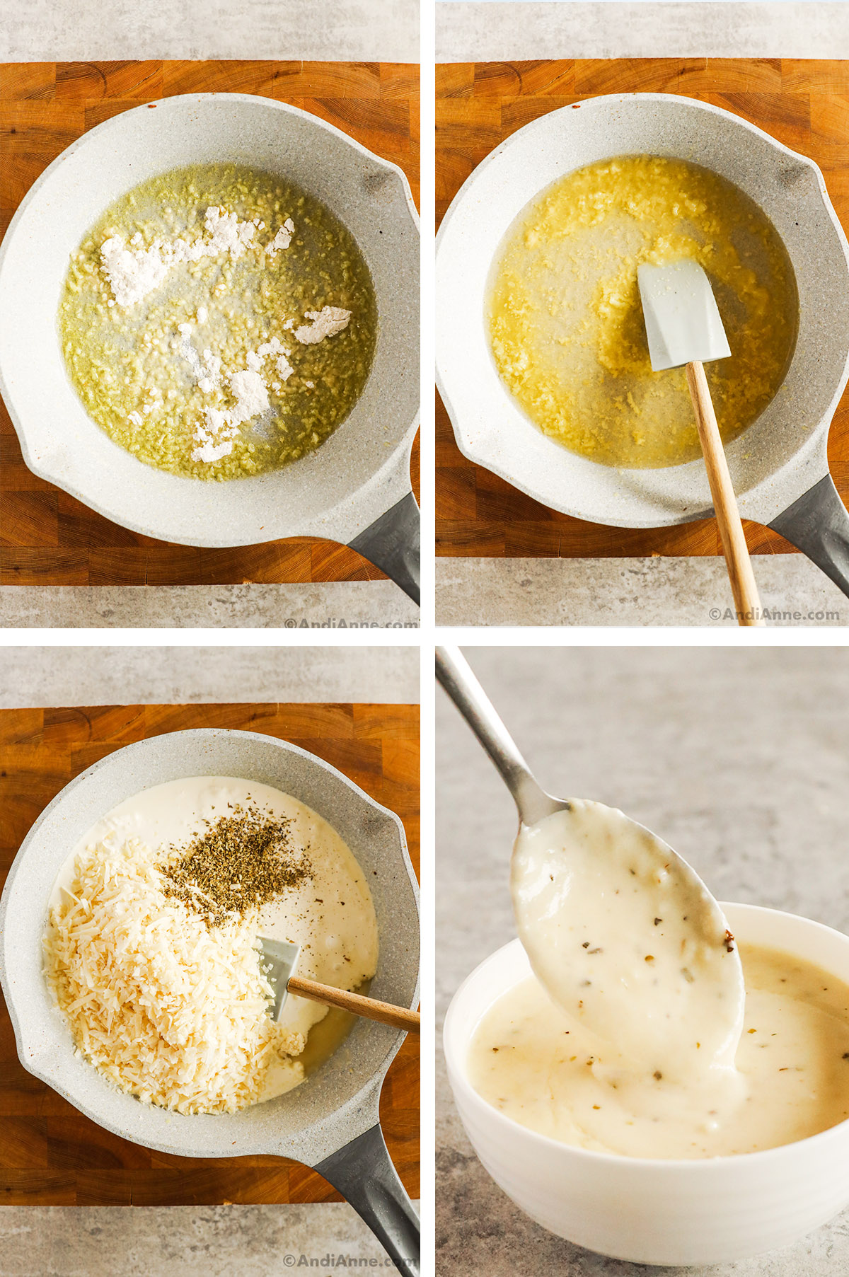 Four images of garlic parmesan sauce being made in a frying pan in different stages.