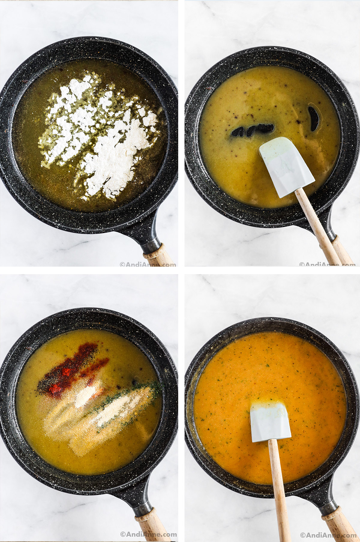 Four images of gravy being mixed in a pan in different stages.
