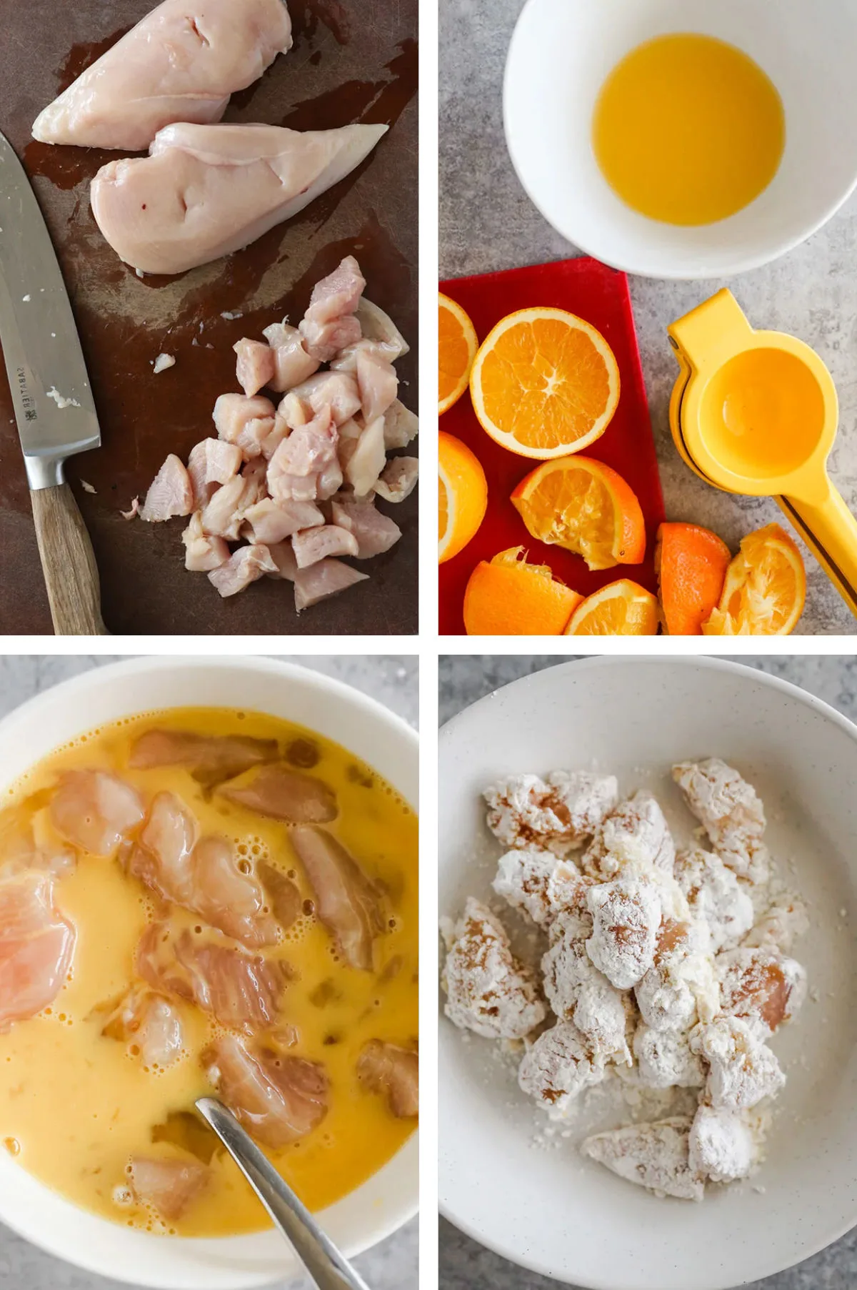 Four images. 1. raw chicken breasts next to chopped chicken breasts. 2. sliced oranges next to a hand juicer and bowl of orange juice. 3. chopped chicken in bowl of egg mixture. 4. battered raw chicken in bowl.