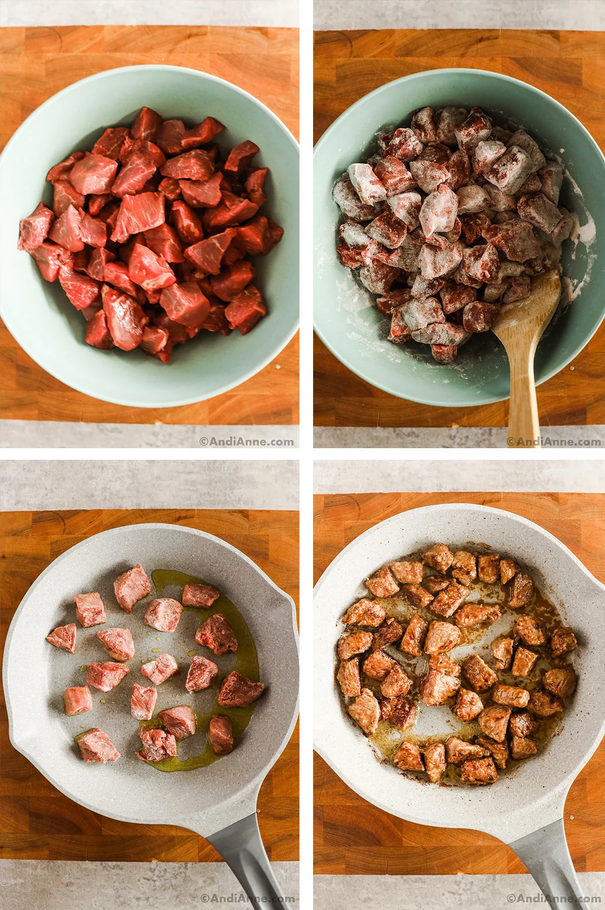Four images grouped together of beef cubes. First two are raw beef cubes in a bowl, then tossed with flour. Second two are beef cubes in frying pan, first uncooked then cooked.