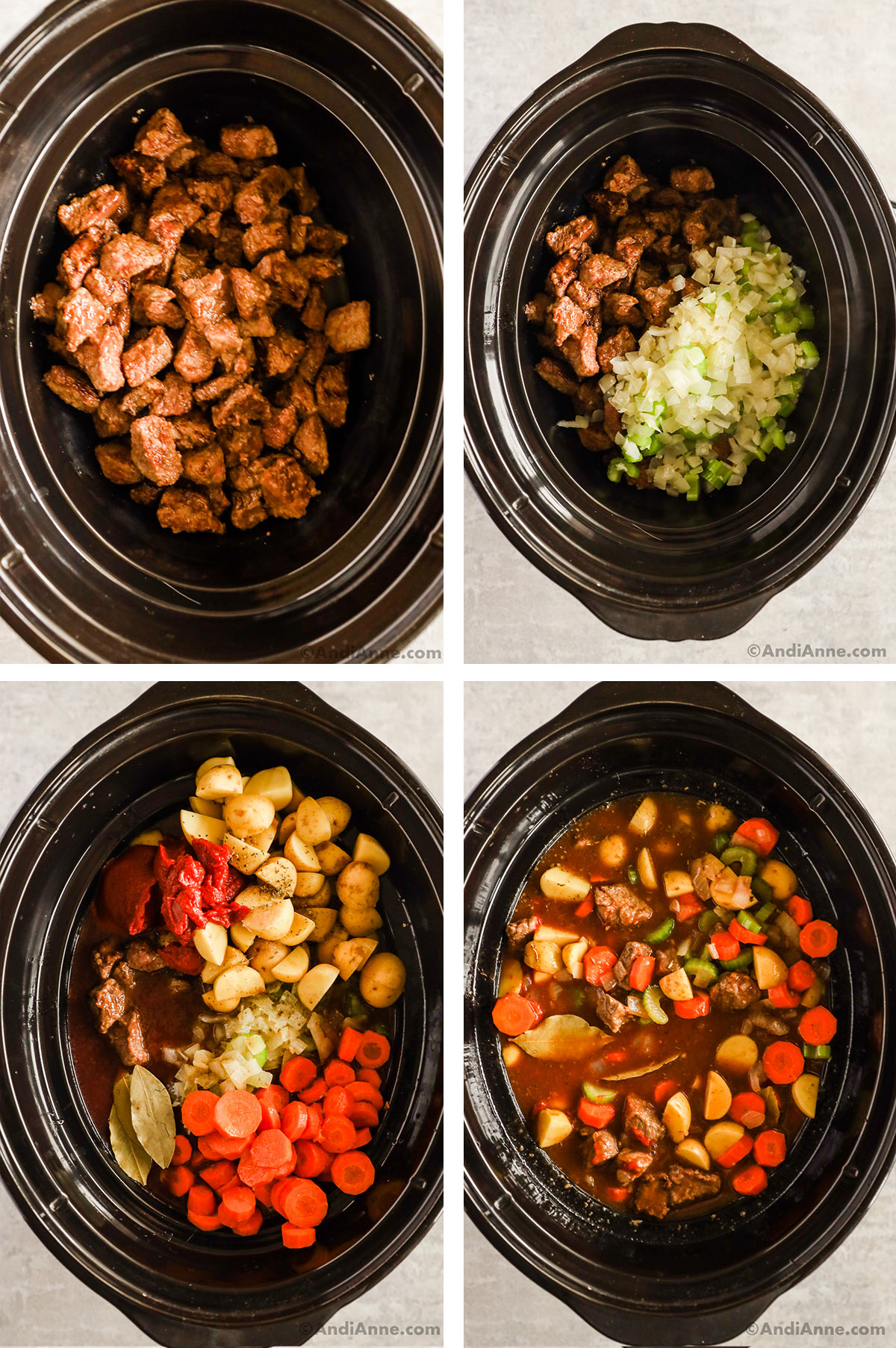 Four images of a slow cooker, first with cooked beef cubes, second with chopped onion and celery added, third with all other ingredients dumped in. Fourth with stew ingredients mixed together but not cooked.