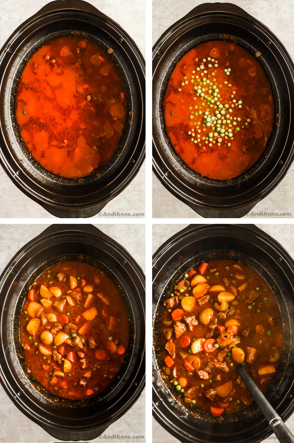 Four images of a slow cooker, first is cooked stew with red sauce on top, second is frozen peas dumped into cooked stew, third is cooked stew, fourth is ladle in cooked stew.