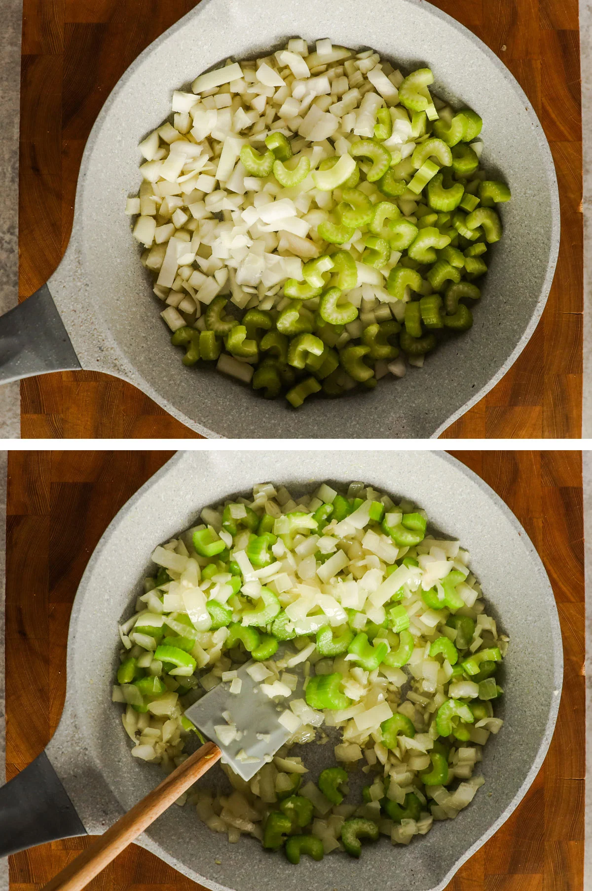 Two images of a frying pan with chopped onion and celery inside.