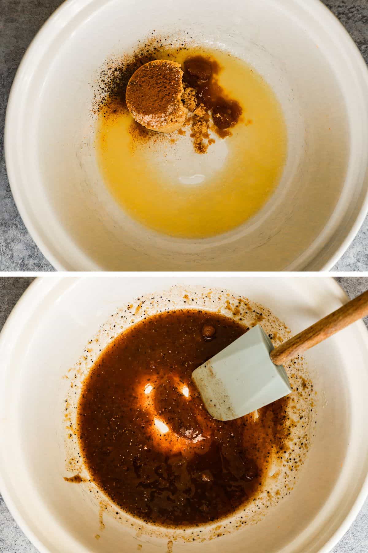 a bowl with ingredients dumped in unmixed then mixed to create a brown sugar sauce.