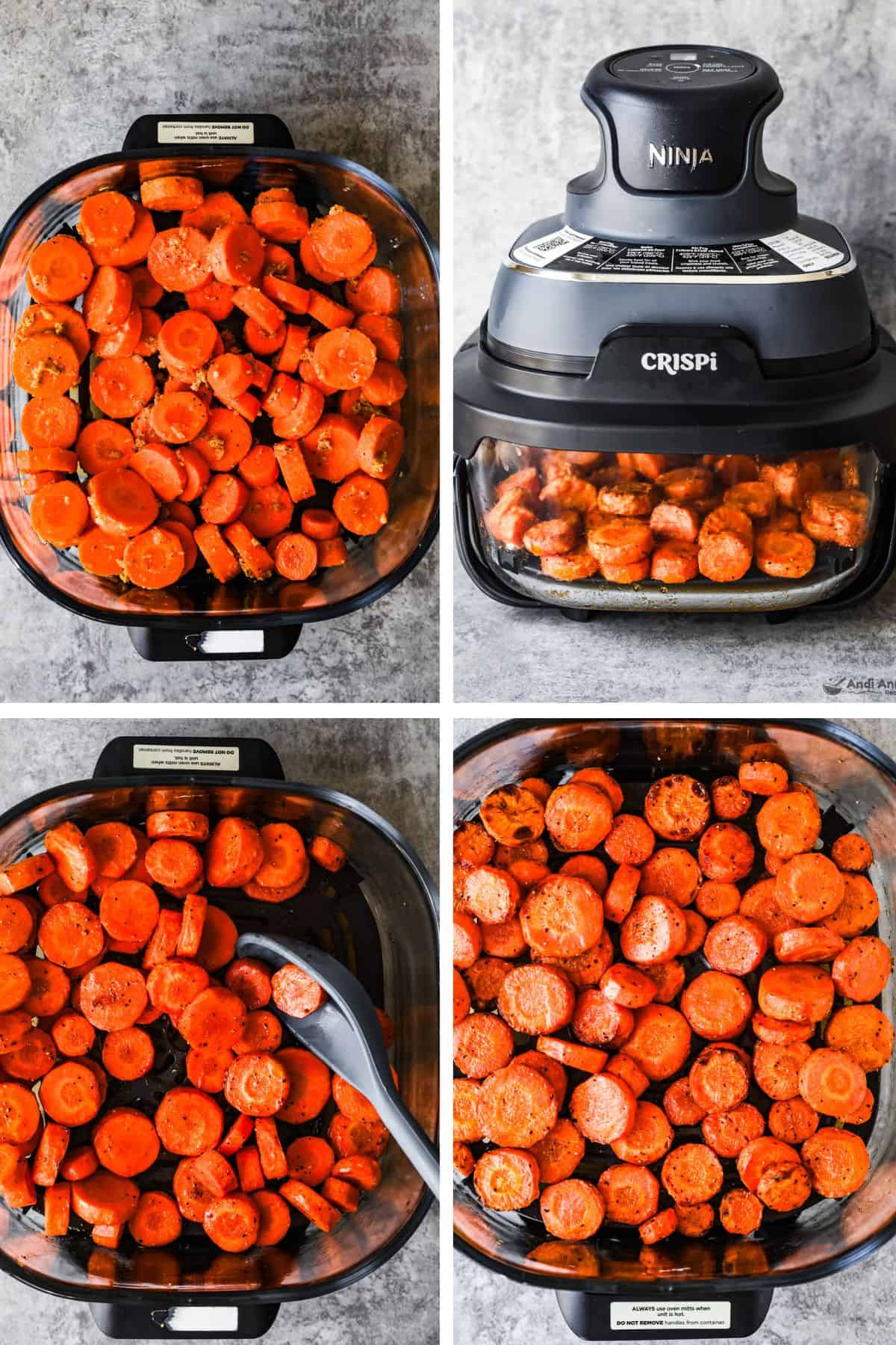 Sliced carrots inside a ninja crispi air fryer
