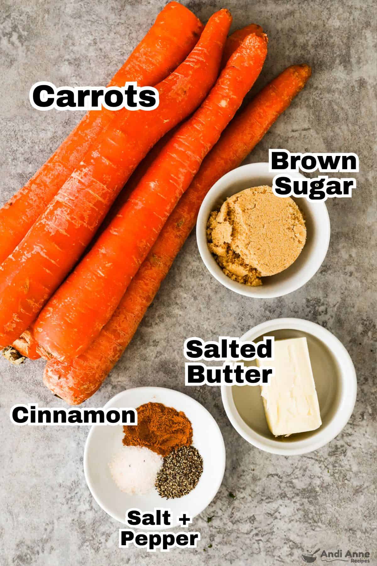 Ingredients to make air fryer carrots in bowls beside some carrots
