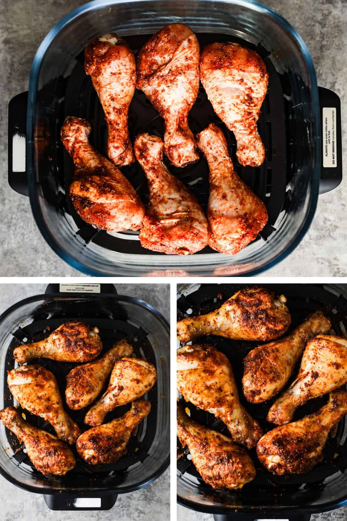 an air fryer basket with cooked chicken legs