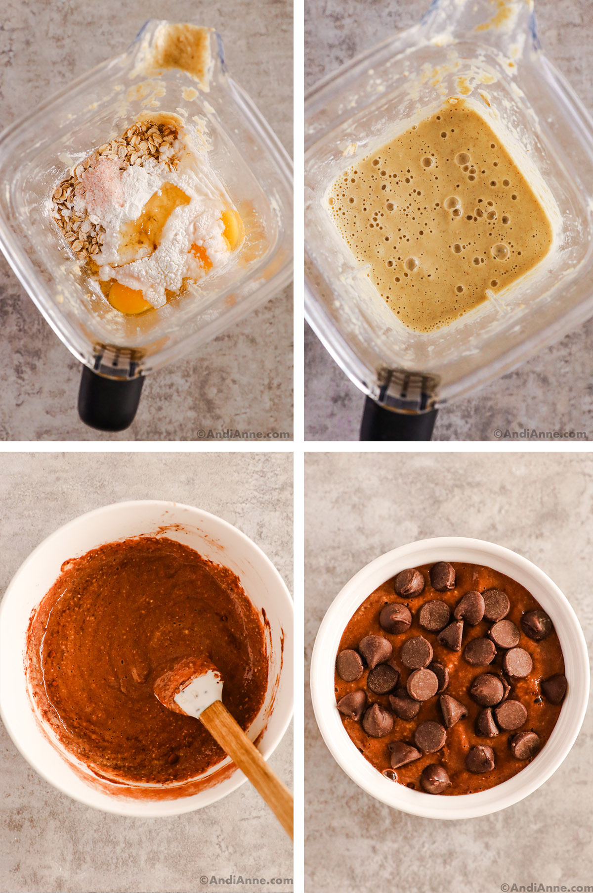 Four images grouped together. First two are ingredients in blender cup, first unmixed second mixed. Third image is chocolate batter in bowl, fourth image is batter in ramekin topped with chocolate chips.