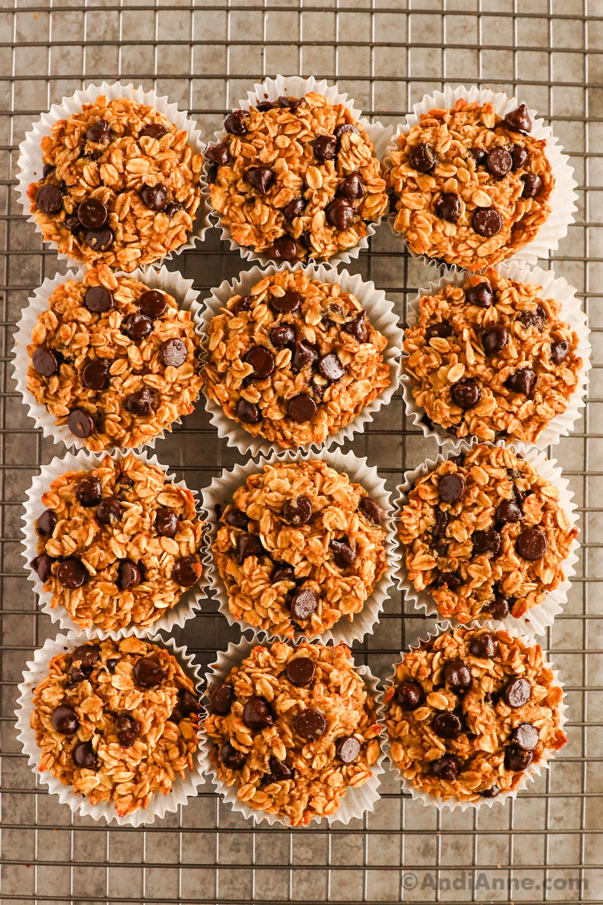 A stack chocolate chip oatmeal muffins on a cooling rack.