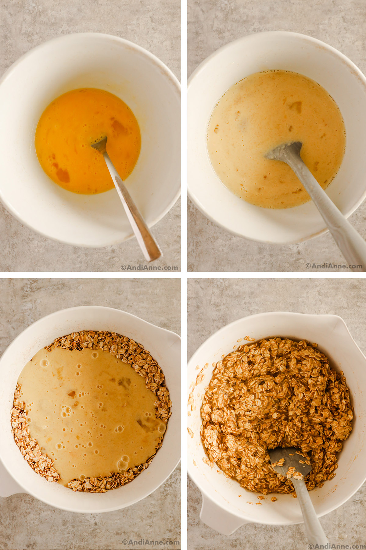 Four images of steps to make recipe. First two are liquid ingredients in a bowl. Third is a bowl with oats and liquid ingredients poured over top. Fourth is wet oats ingredients.
