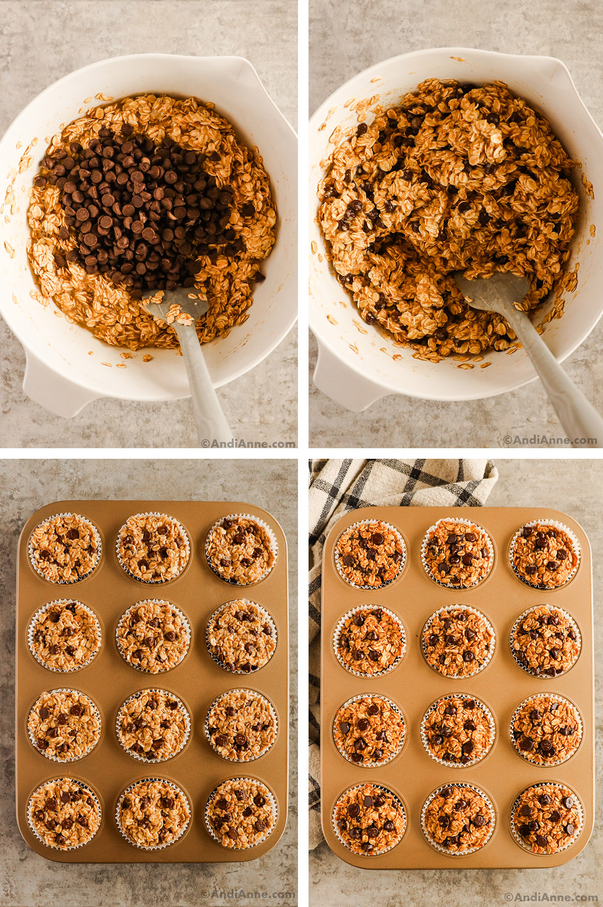 Four images grouped together. First two are large white bowl with rolled oats and chocolate chips. FIrst unmixed then mixed. Last two are chocolate chips oatmeal cups in muffin pan first unbaked and then baked.