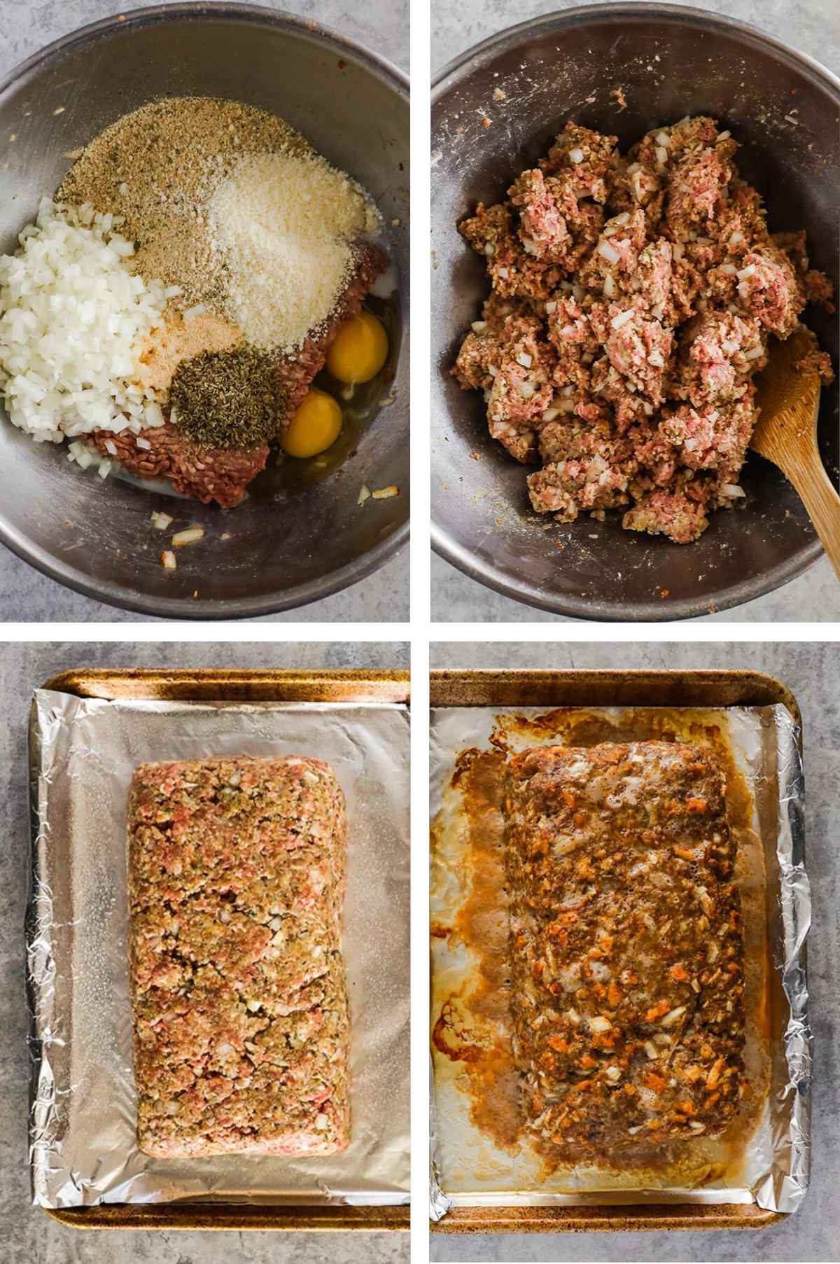 Four images: 1. all ingredients in a bowl. 2. all ingredients mixed. 3. uncooked loaf on baking sheet. 4. cooked loaf on baking sheet
