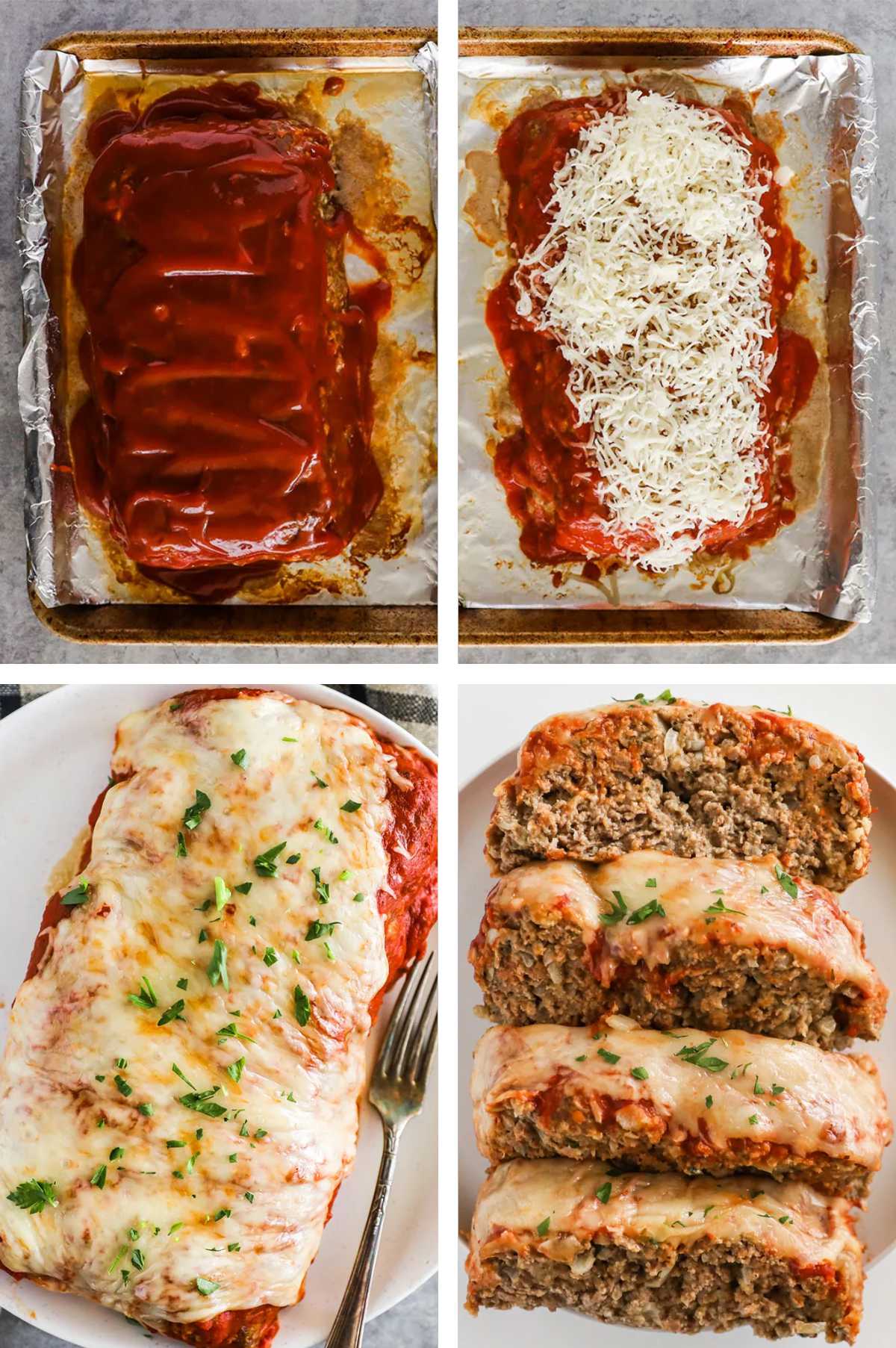 Four images: 1. Cooked loaf with spaghetti sauce. 2. Cheese added on top spaghetti cause. 3. Finished and baked loaf with melted cheese. 4. Finished loaf sliced into four sections. 