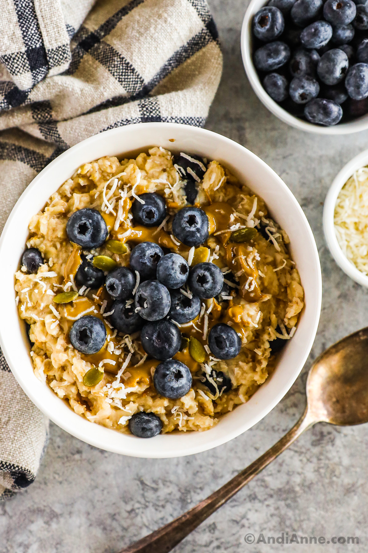 Bowl of blueberry coconut oatmeal topped with blueberries, coconut, and nut butter.