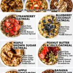 six easy oatmeal flavor recipes, all in bowls with ingredients listed beside. Flavors include strawberry, blueberry coconut, maple brown sugar, peanut butter and jelly, apple cinnamon, and banana chocolate flavors.