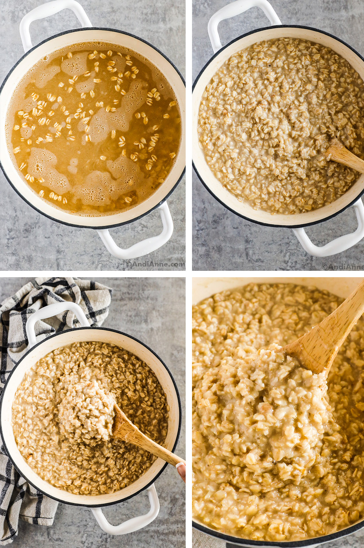 Four images of oatmeal in a white pot 