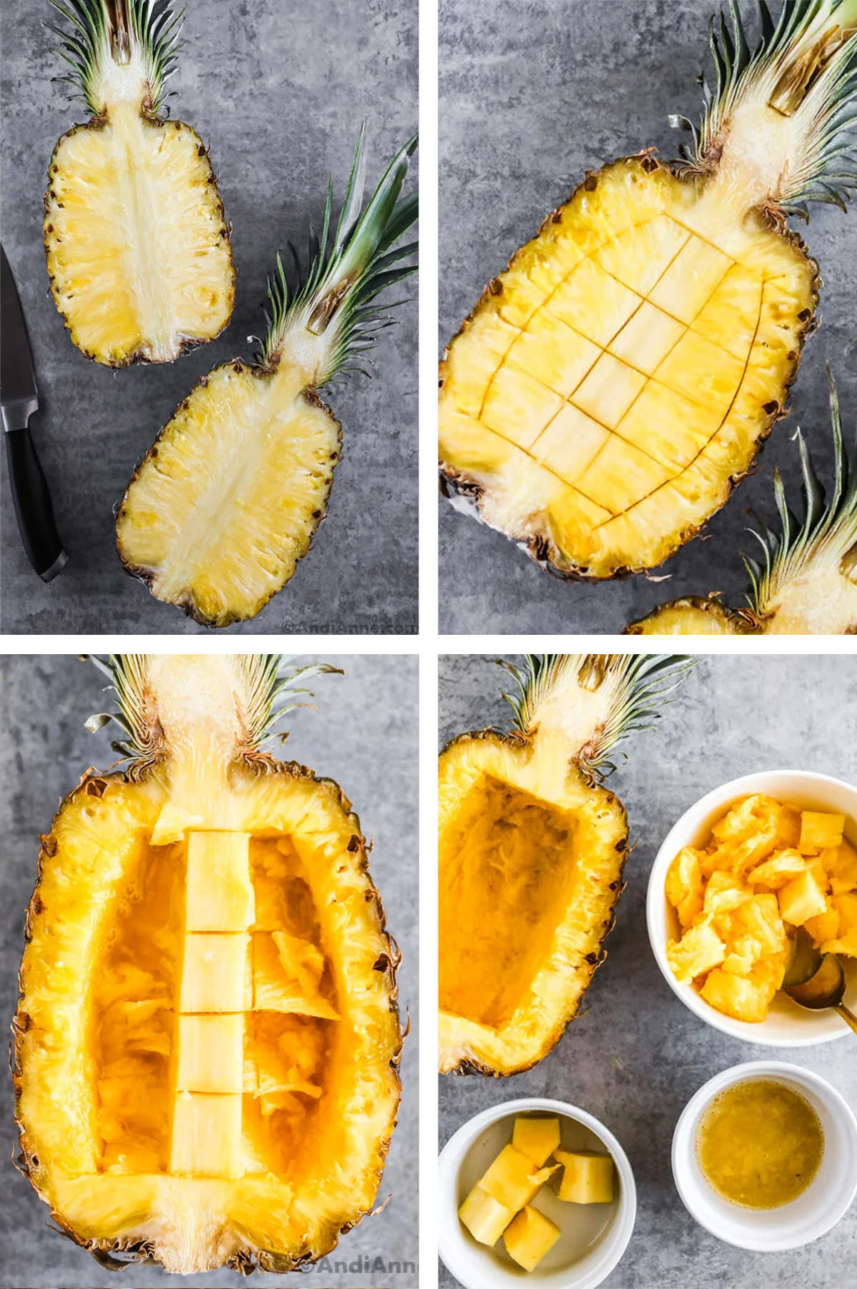 Four images. 1. Pineapple sliced in half vertically. 2. Pineapple with vertical and horizontal lines cut. 3. Pieces of pineapple removed where lines once were. 4. chunks of pineapple in ceramic bowls next to newly made pineapple boat. 