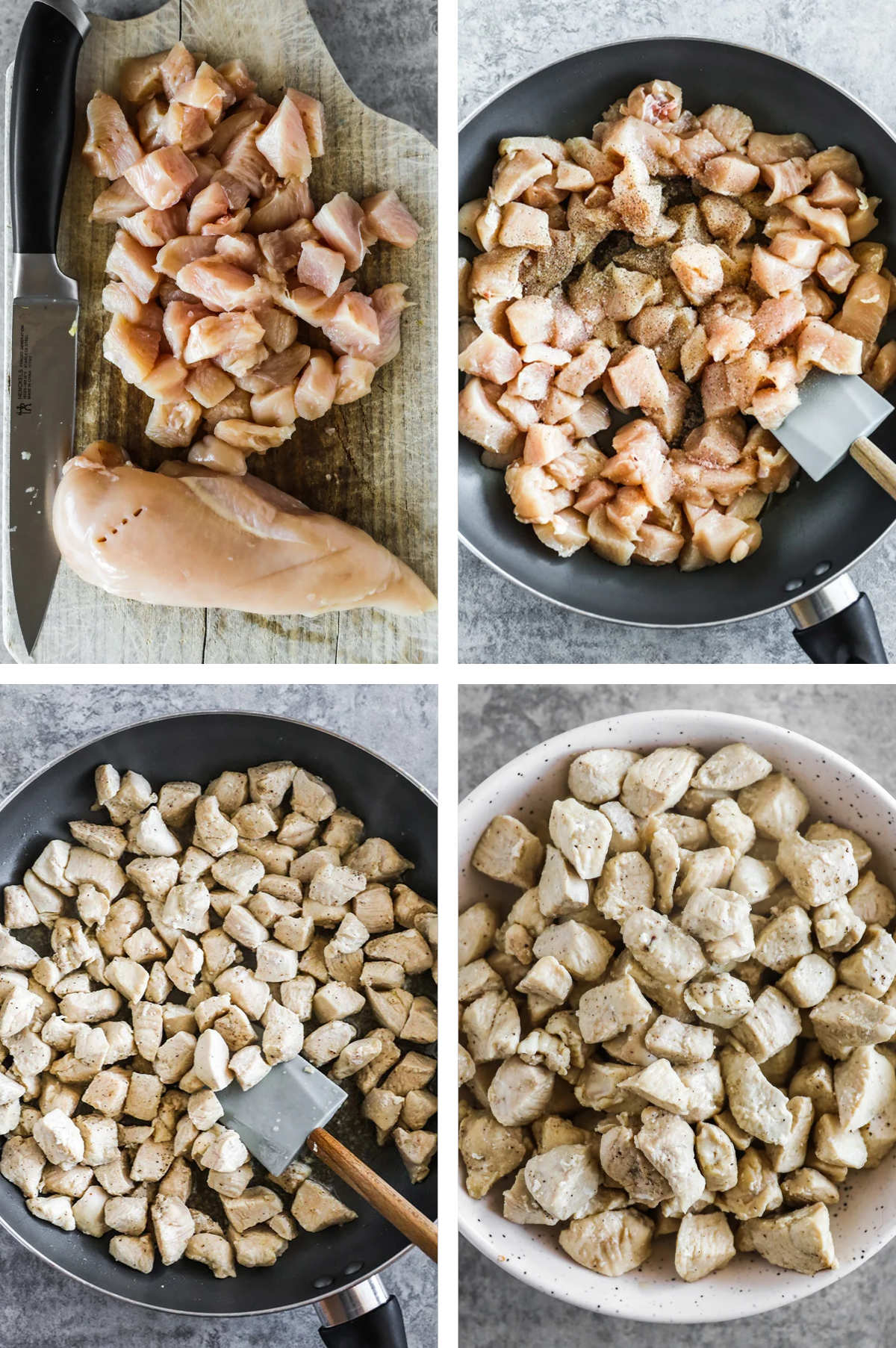 Four images in one. 1. Cubed chicken on cutting board. 2. cubed chicken in frying pan with seasonings. 3. cubed chicken cooked in frying pan. 4. cubed chicken in bow. 
