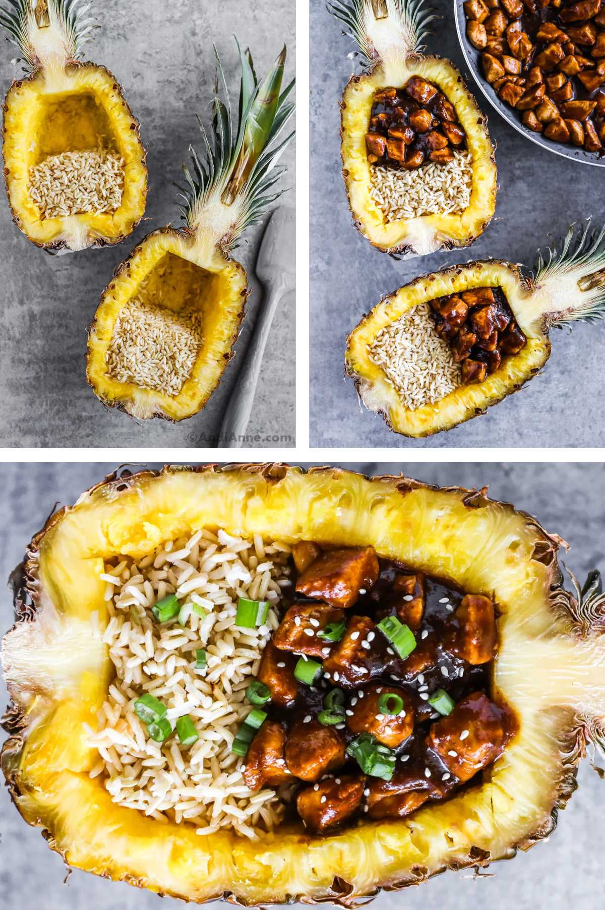 Three images in one. 1. pineapple boats with rice in bottom half. 2. Chicken added above rice. 3. Chicken and rice in pineapple boat with green onion and sesame seeds. 